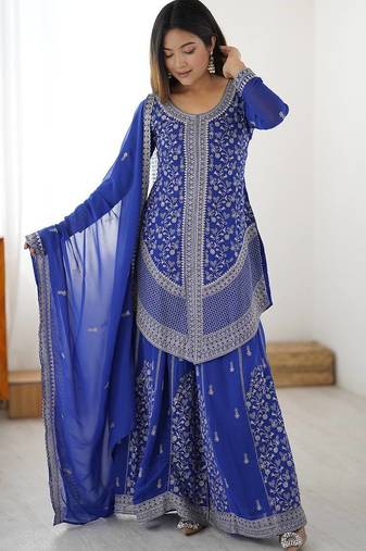 Blue faux georgette embroidered palazzo suit set