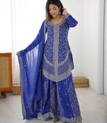 Blue colour faux georgette embroidered palazzo suit set