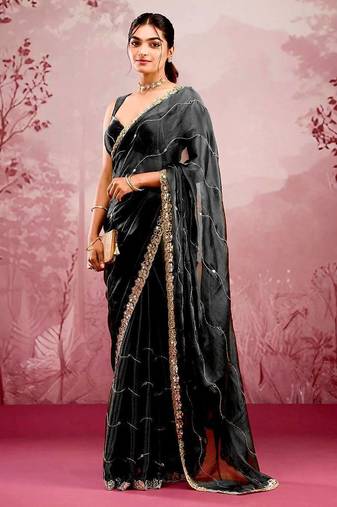Black colour soft burberry silk mirror work saree with blouse