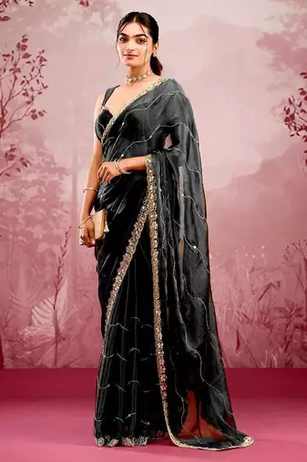 Black colour soft burberry silk mirror work saree with blouse
