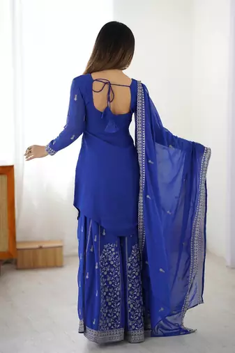 Blue faux georgette embroidered palazzo suit set