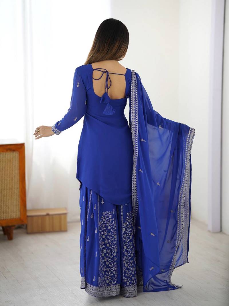 Blue colour faux georgette embroidered palazzo suit set