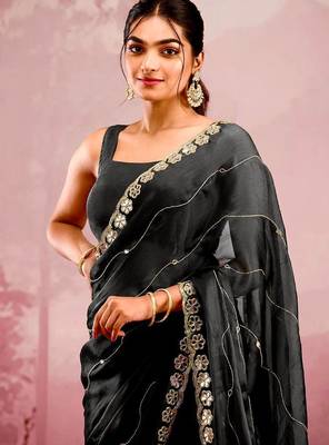 Black colour soft burberry silk mirror work saree with blouse 2