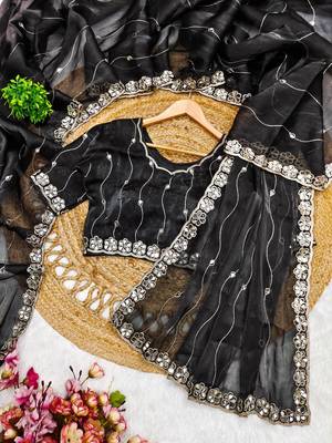 Black colour soft burberry silk mirror work saree with blouse 3