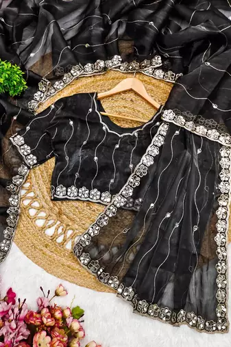 Black colour soft burberry silk mirror work saree with blouse