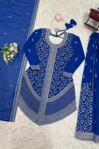 Blue faux georgette embroidered palazzo suit set