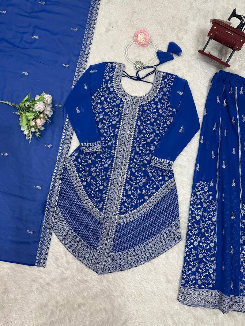 Blue colour faux georgette embroidered palazzo suit set