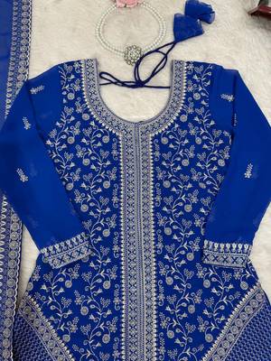Blue faux georgette embroidered palazzo suit set 4