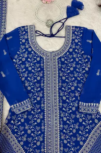 Blue faux georgette embroidered palazzo suit set