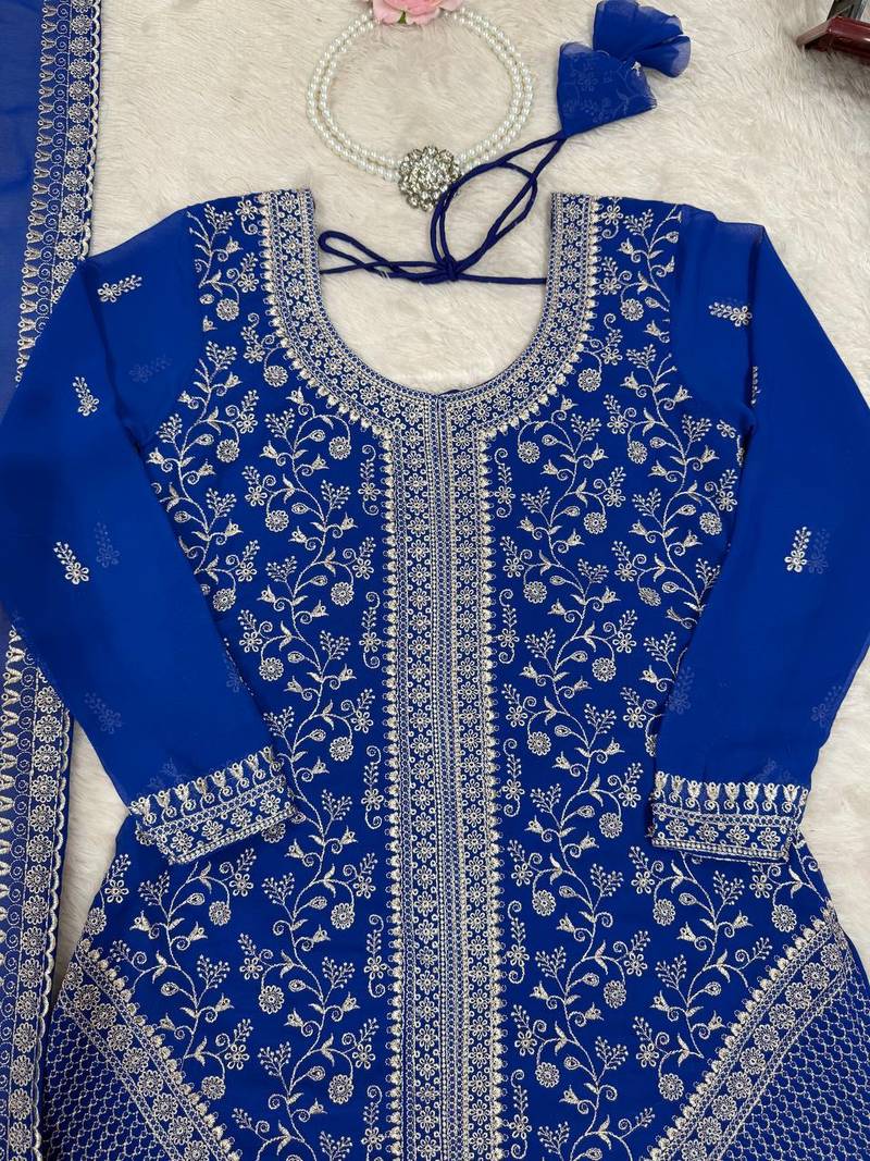 Blue colour faux georgette embroidered palazzo suit set