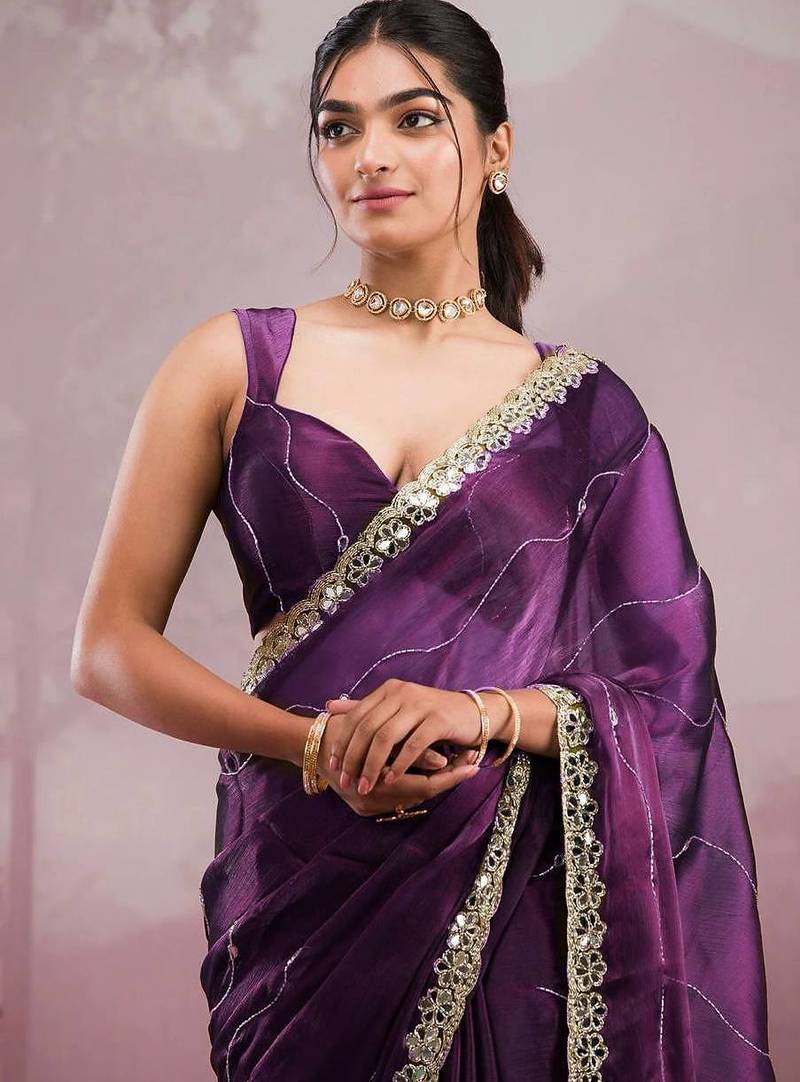 Purple colour soft burberry silk mirror work saree with blouse