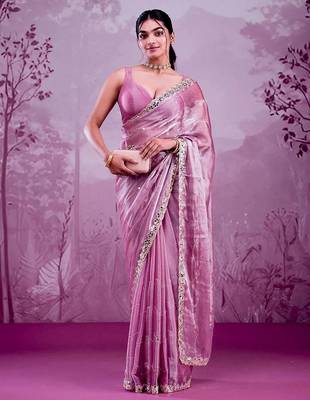 Rose colour soft burberry silk mirror work saree with blouse 1