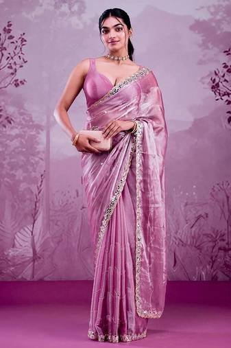 Rose colour soft burberry silk mirror work saree with blouse