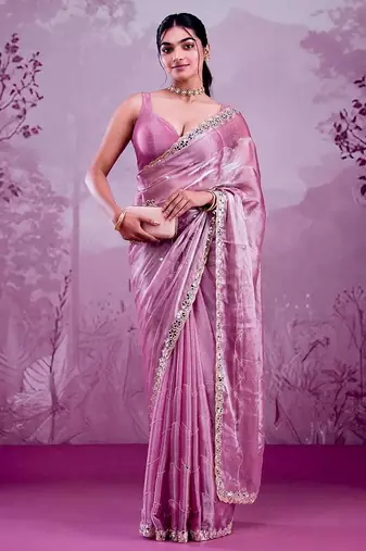 Rose colour soft burberry silk mirror work saree with blouse