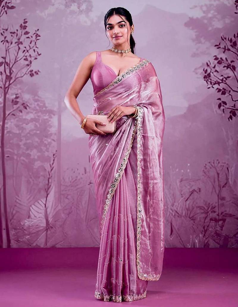 Rose colour soft burberry silk mirror work saree with blouse