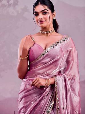 Rose colour soft burberry silk mirror work saree with blouse 2