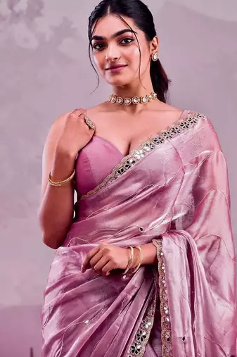 Rose colour soft burberry silk mirror work saree with blouse