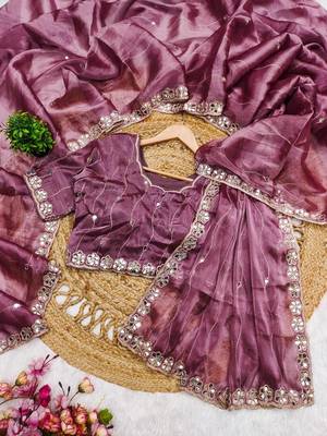 Rose colour soft burberry silk mirror work saree with blouse 3