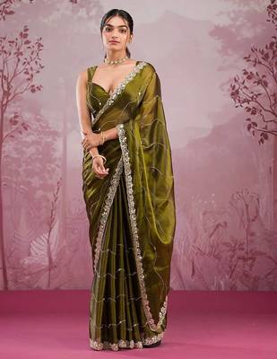 Olive colour soft burberry silk mirror work saree with blouse 1