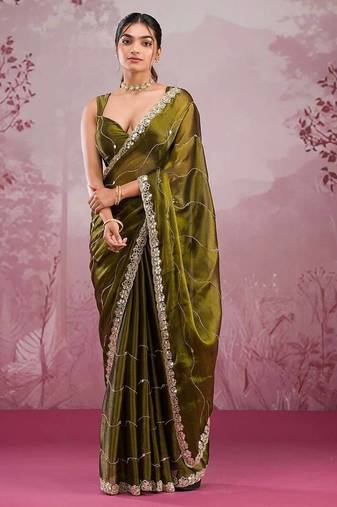 Olive colour soft burberry silk mirror work saree with blouse