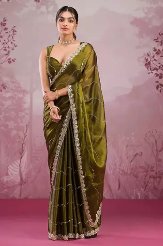 Olive colour soft burberry silk mirror work saree with blouse