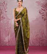 Olive colour soft burberry silk mirror work saree with blouse