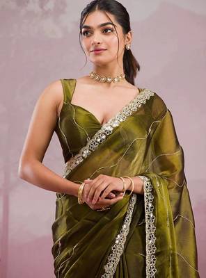 Olive colour soft burberry silk mirror work saree with blouse 2