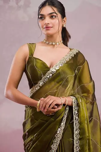 Olive colour soft burberry silk mirror work saree with blouse