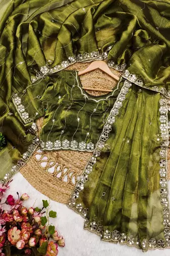 Olive colour soft burberry silk mirror work saree with blouse