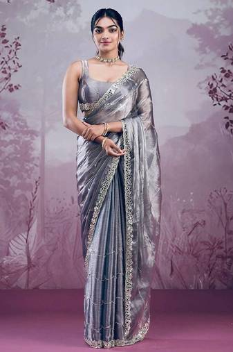Grey colour soft burberry silk mirror work saree with blouse
