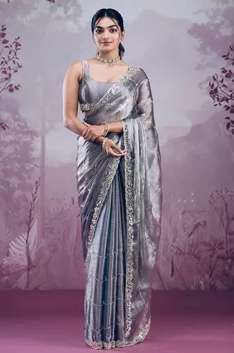 Grey colour soft burberry silk mirror work saree with blouse