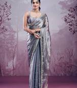 Grey colour soft burberry silk mirror work saree with blouse