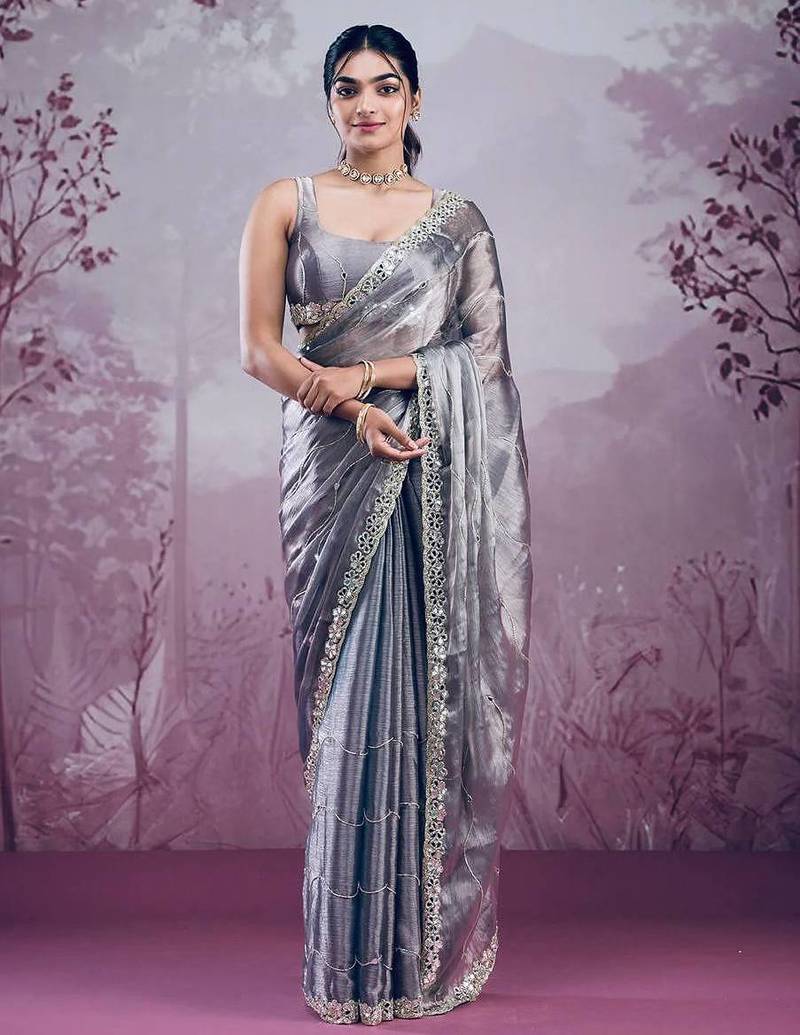Grey colour soft burberry silk mirror work saree with blouse