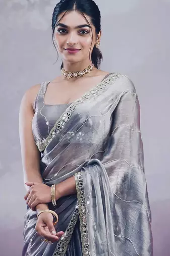 Grey colour soft burberry silk mirror work saree with blouse