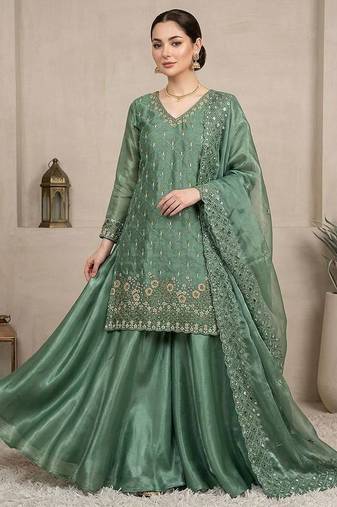 Sage green designer fendy embroidered kurti plazzo set with cut work dupatta