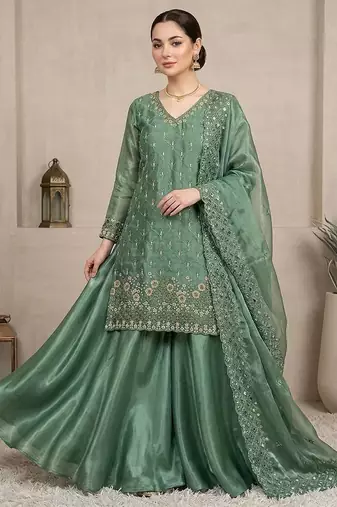 Sage green colour designer fendy embroidered kurti plazzo set with cut work dupatta