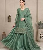 Sage green colour designer fendy embroidered kurti plazzo set with cut work dupatta