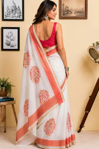 white printed chanderi cotton ready to wear saree with unstitched blouse