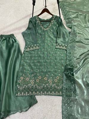 Sage green designer fendy embroidered kurti plazzo set with cut work dupatta 2