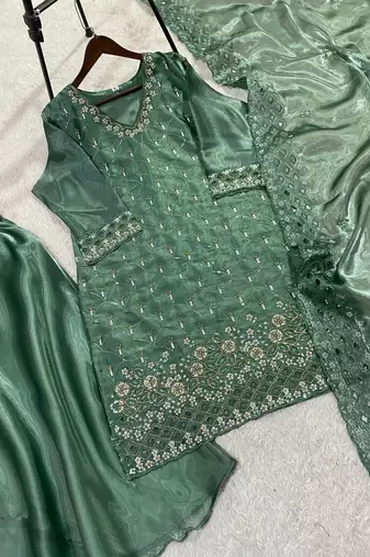 Sage green designer fendy embroidered kurti plazzo set with cut work dupatta