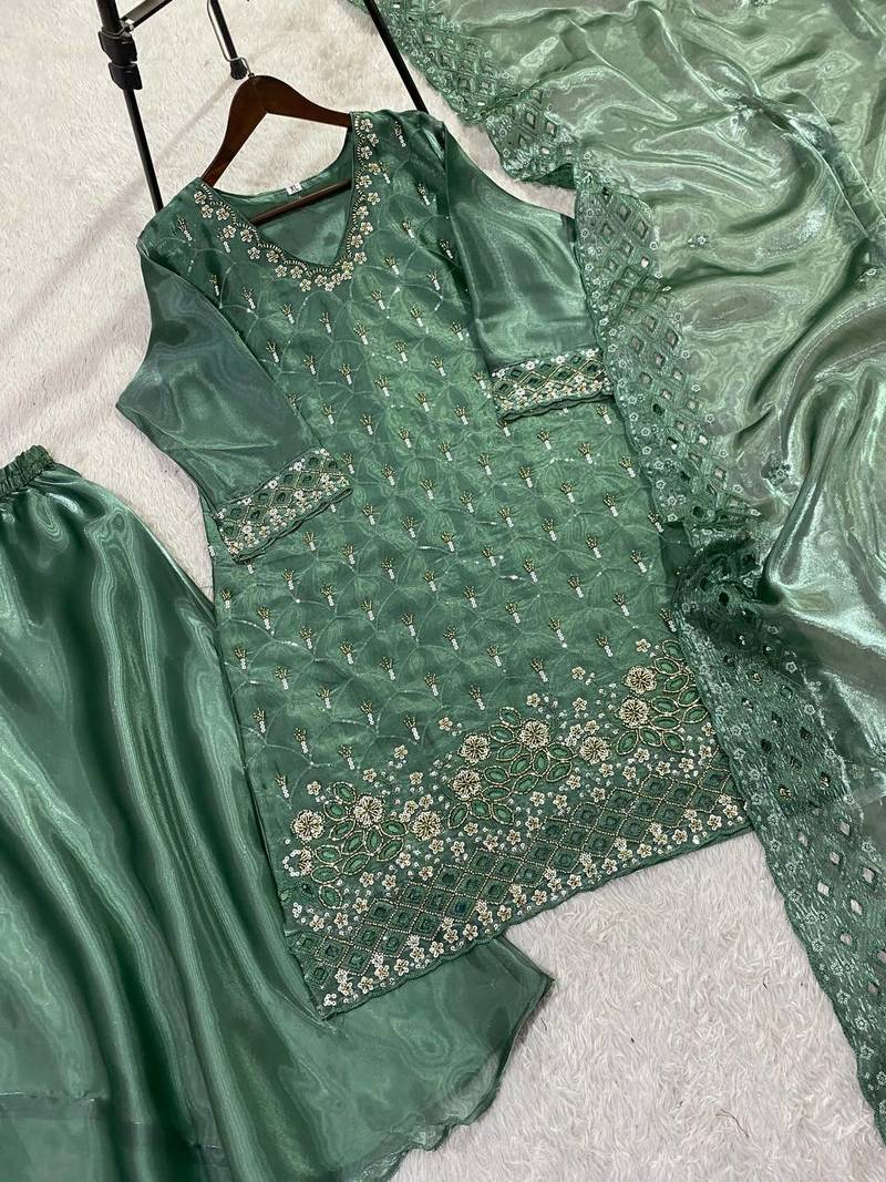 Sage green colour designer fendy embroidered kurti plazzo set with cut work dupatta