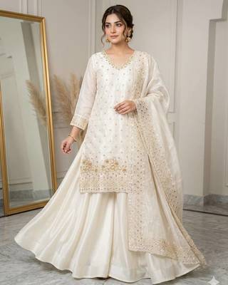 Off white designer fendy embroidered kurti plazzo set with cut work dupatta 1