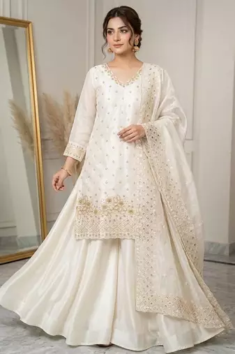 Off white colour designer fendy embroidered kurti plazzo set with cut work dupatta