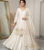 Off white colour designer fendy embroidered kurti plazzo set with cut work dupatta