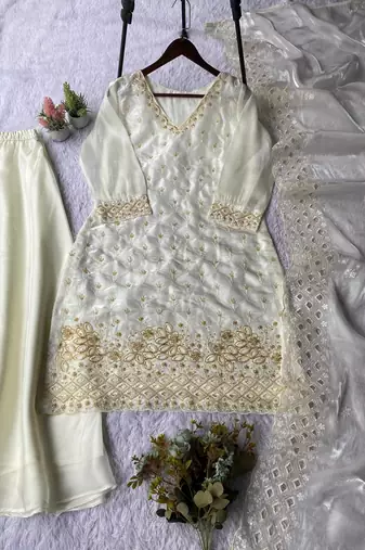 Off white designer fendy embroidered kurti plazzo set with cut work dupatta