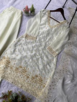 Off white designer fendy embroidered kurti plazzo set with cut work dupatta 3