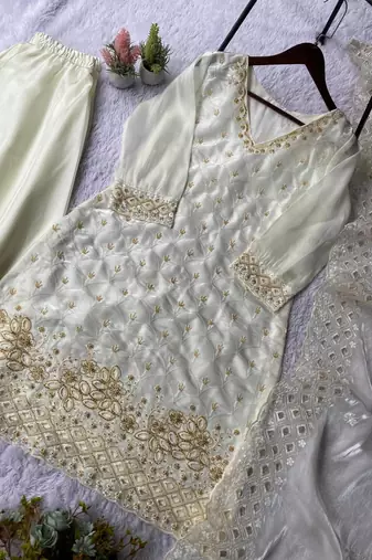 Off white designer fendy embroidered kurti plazzo set with cut work dupatta