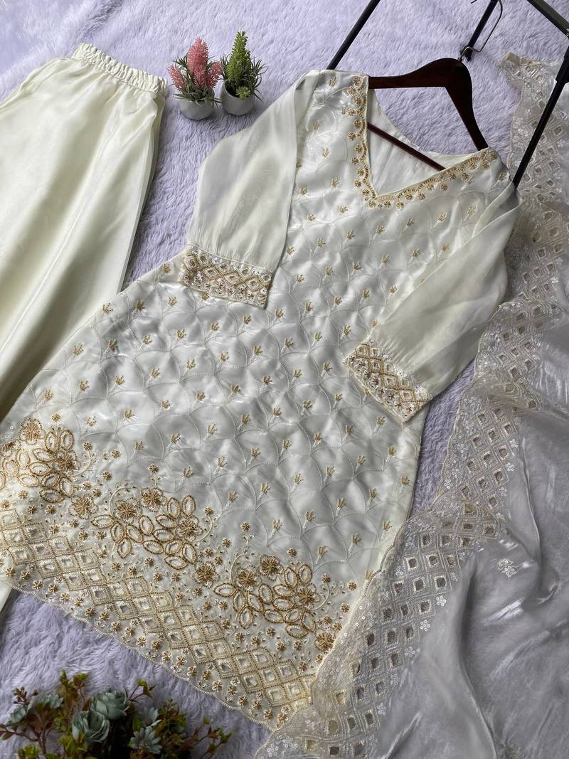 Off white colour designer fendy embroidered kurti plazzo set with cut work dupatta