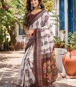 white brown printed chanderi cotton ready to wear saree with unstitched blouse