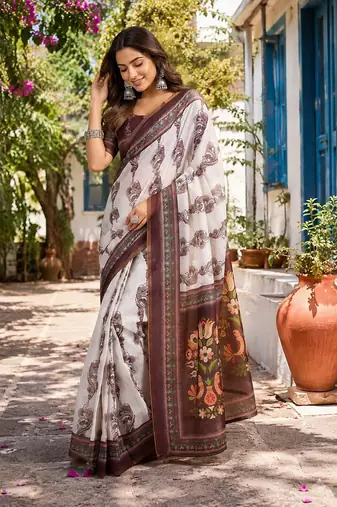 white brown printed chanderi cotton ready to wear saree with unstitched blouse